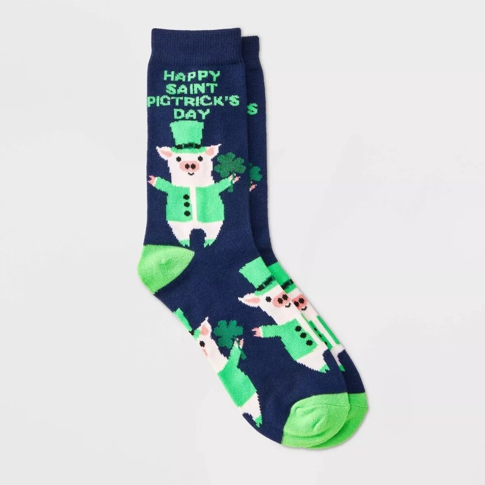 Women's 'Happy St. Pigtrick's Day' St Patrick's Day Crew Socks - Navy/Green 4-10